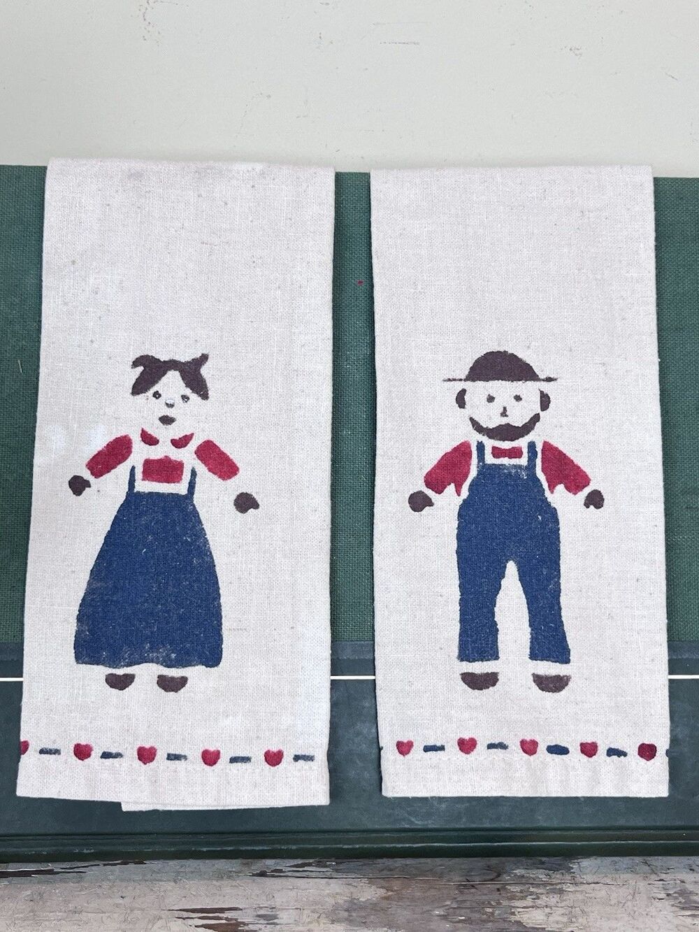 Vintage Farmhouse Hand Painted Amish Country Couple Hand Towels Cottage Charm